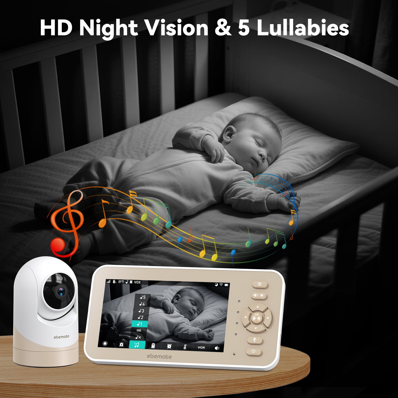 ebemate Video Baby Monitor Camera with Two Camera, 5" LCD Screen Video & Audio No Glow Night Vision,2-Way Talk Audio Cam Baby Monitoring 1500FT Range EBE50P-2