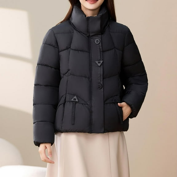 LEKWK Winter Coats for Women Plus Size Zip up Stand Collar Quilted Down Jackets Warm Casual Heavy Coat with Pockets Outerwear