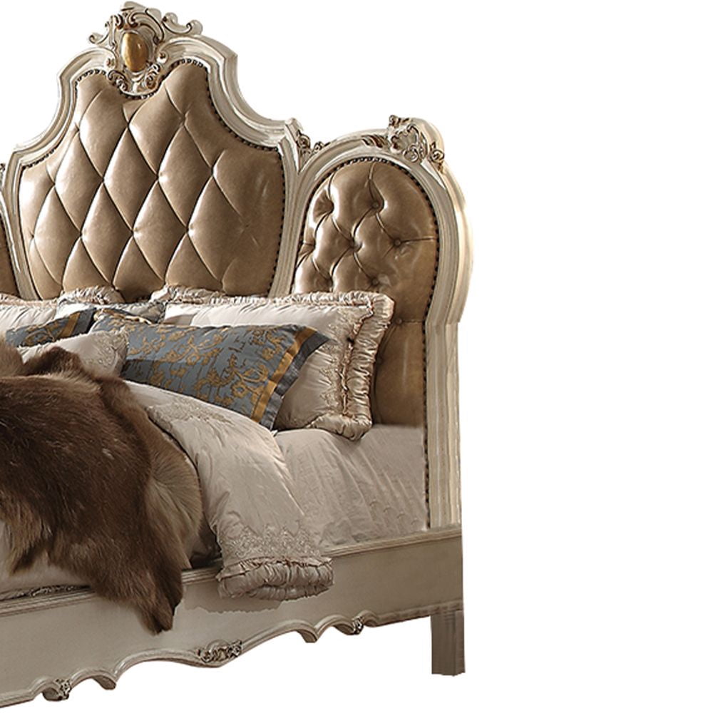 ACME Picardy CK Bed in Butterscotch Synthetic Leather & Antique