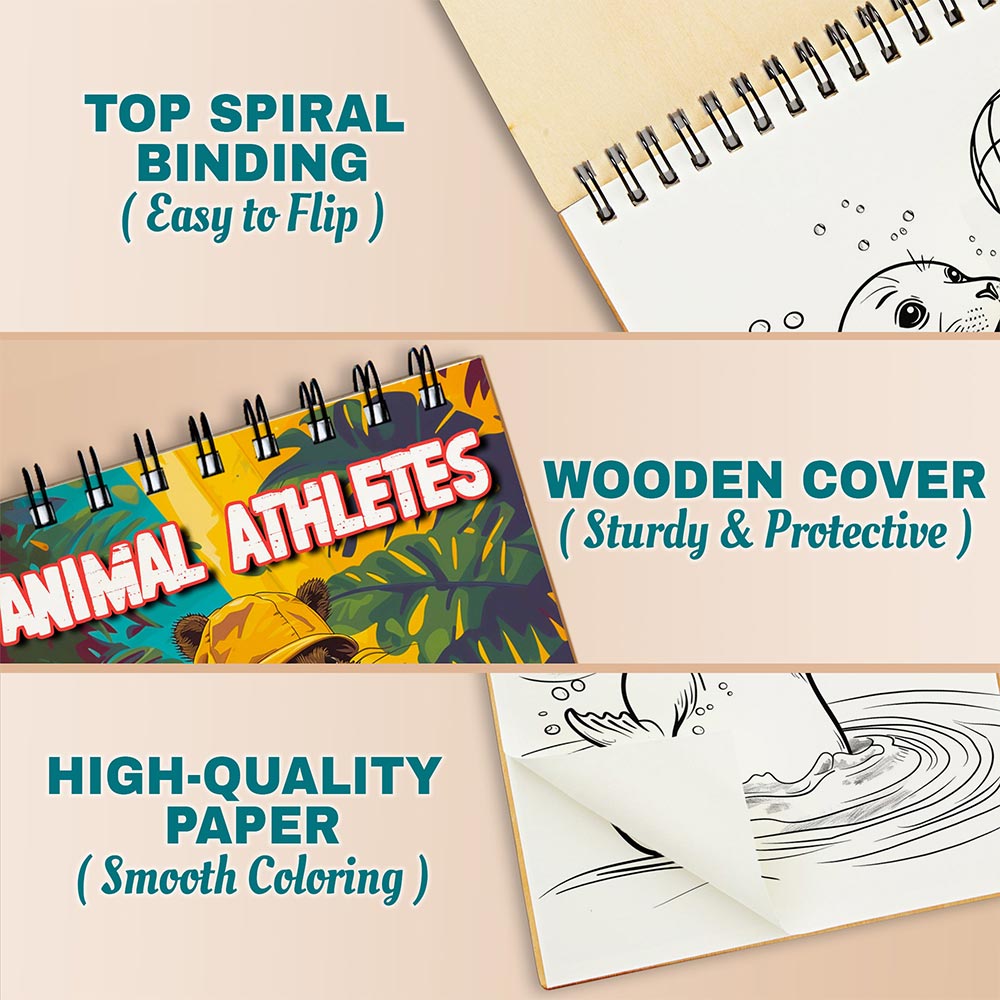 Netecom Animal Athletes Coloring Book for Adults, A5 Wooden Cover, 30 Dynamic Coloring Pages of Sports-Playing Animals for Stress Relief and Relaxation, Spiral Bound Edition