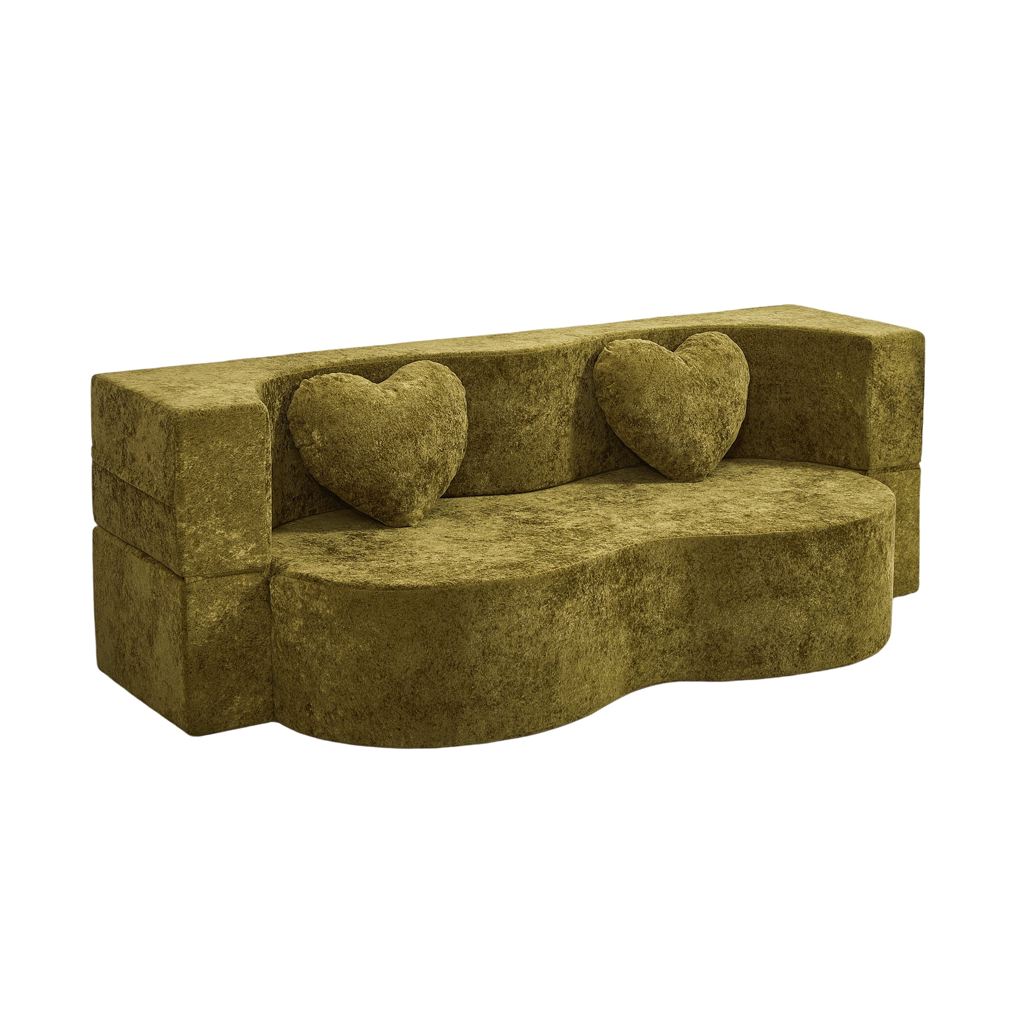 78.74"W Heart-Shaped Convertible Sofa,Floor Couch,Sleeper Sofa Bed,No Assembly High-Density Sponge Loveseat with 2 Heart Pillows for Living Room, Apartment,Olive Green