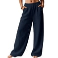 thumbnail image 4 of Linen Pants Women Wide Leg Palazzo Summer Flowy Pants Beach Vacation Clothes Elastic Waist Travel Trousers with Pockets Navy M, 4 of 5