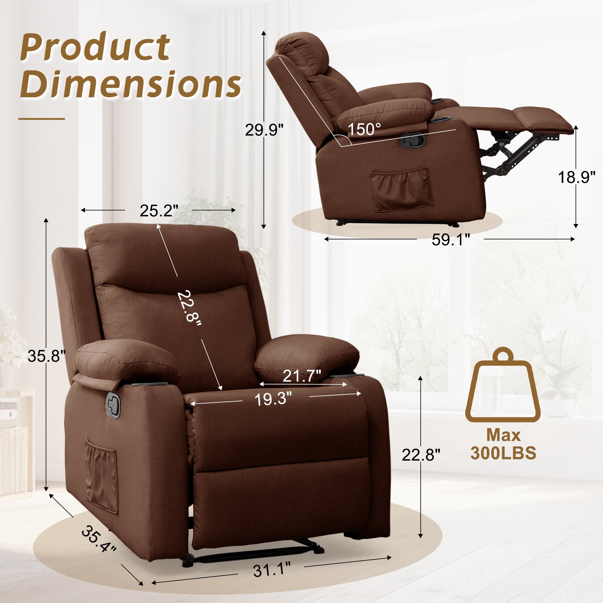 Korser Manual Small Recliner Chair with Fixed Base for Small Spaces Linen Fabric for Living Room,Brown