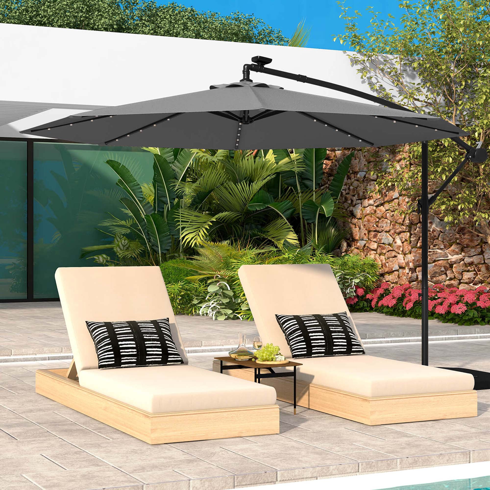 Costway 10 Ft Patio Solar LED 40 Lights Offset Umbrella Crank Cross Base Gray