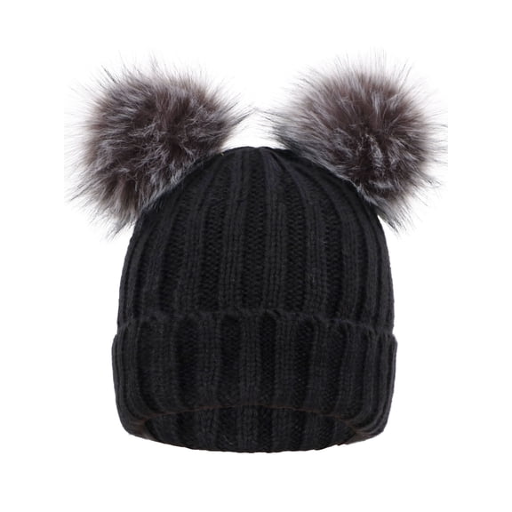 Men & Women's Cable Knit Beanie with Faux Fur Pompom Ears, Black/Grey