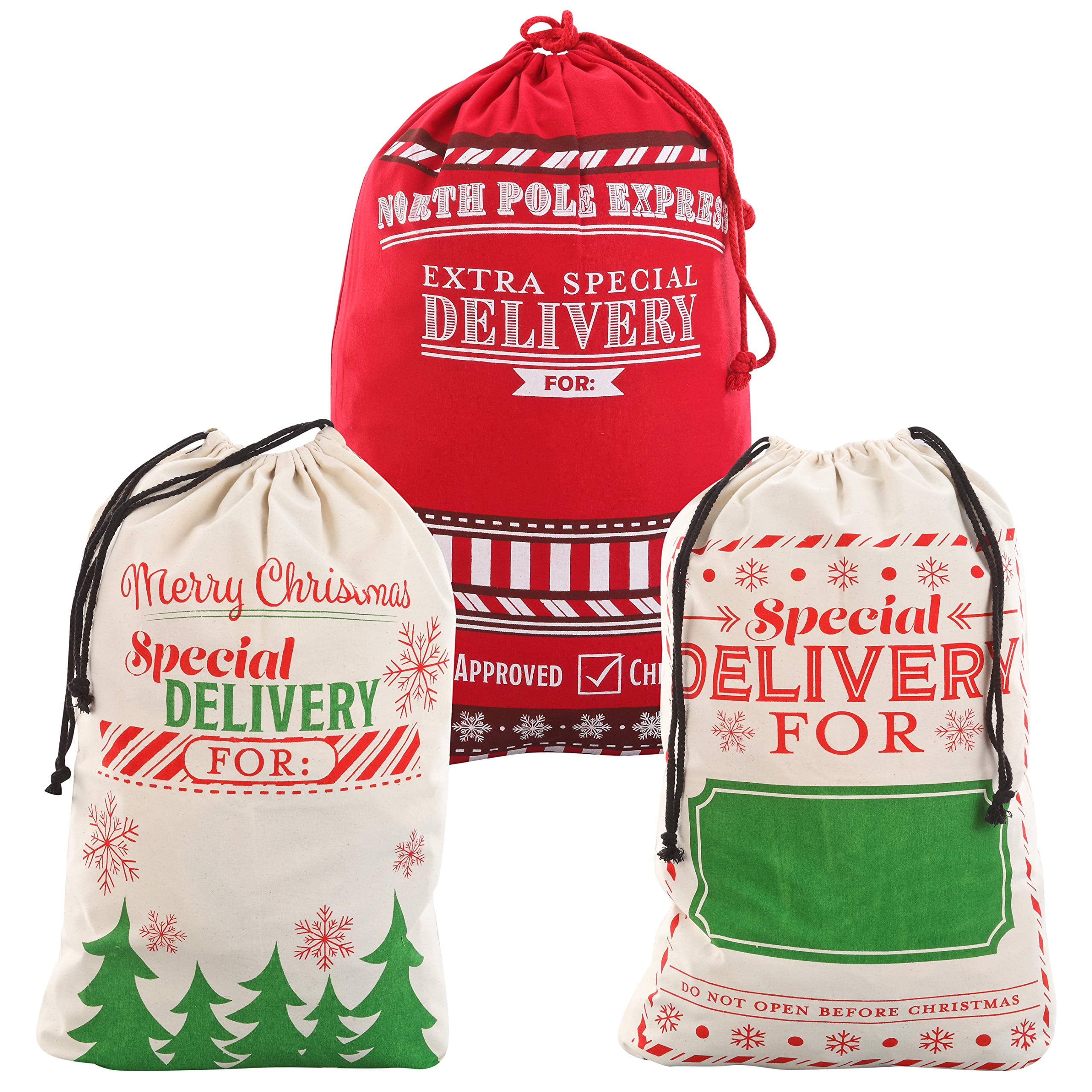 JOYIN 3 Packs Drawstring Christmas Gift Bags, Santa Burlap Sack for