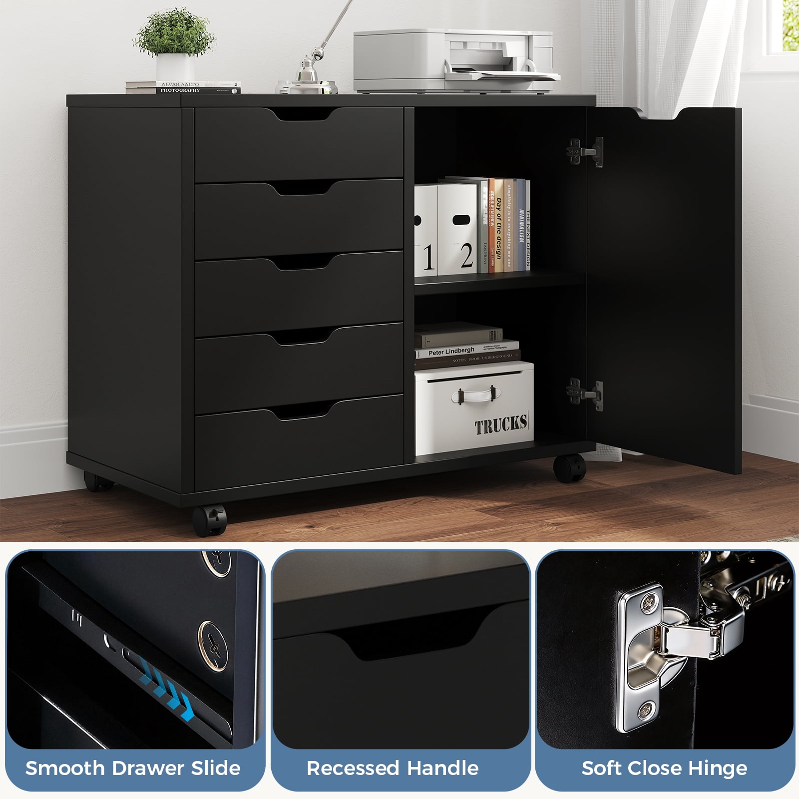 Gianna 5-Drawer Wood File Cabinet, Mobile Printer Stand with Adjustable Shelf & Wheels, Storage Shelves for Home Office