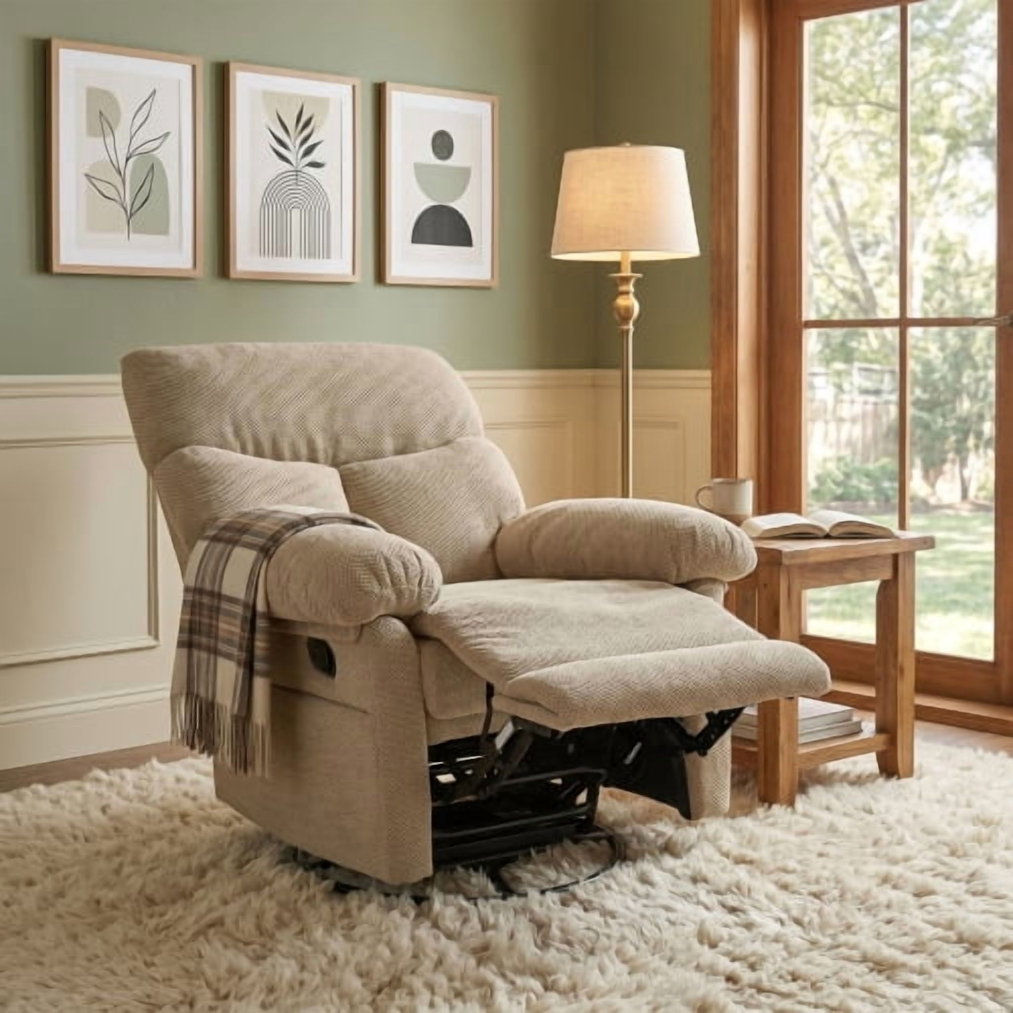 Modern Swivel Rocker Recliner Chair, Manual Overstuffed Glider Armchair with Textured Fabric, 360° Swivel & Rocking for Living Room and Nursery, Camel