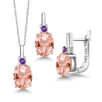 Gem Stone King 6.06 Ct Peach Nano Morganite Purple Amethyst 925 Silver Pendant and Earrings Jewelry Set