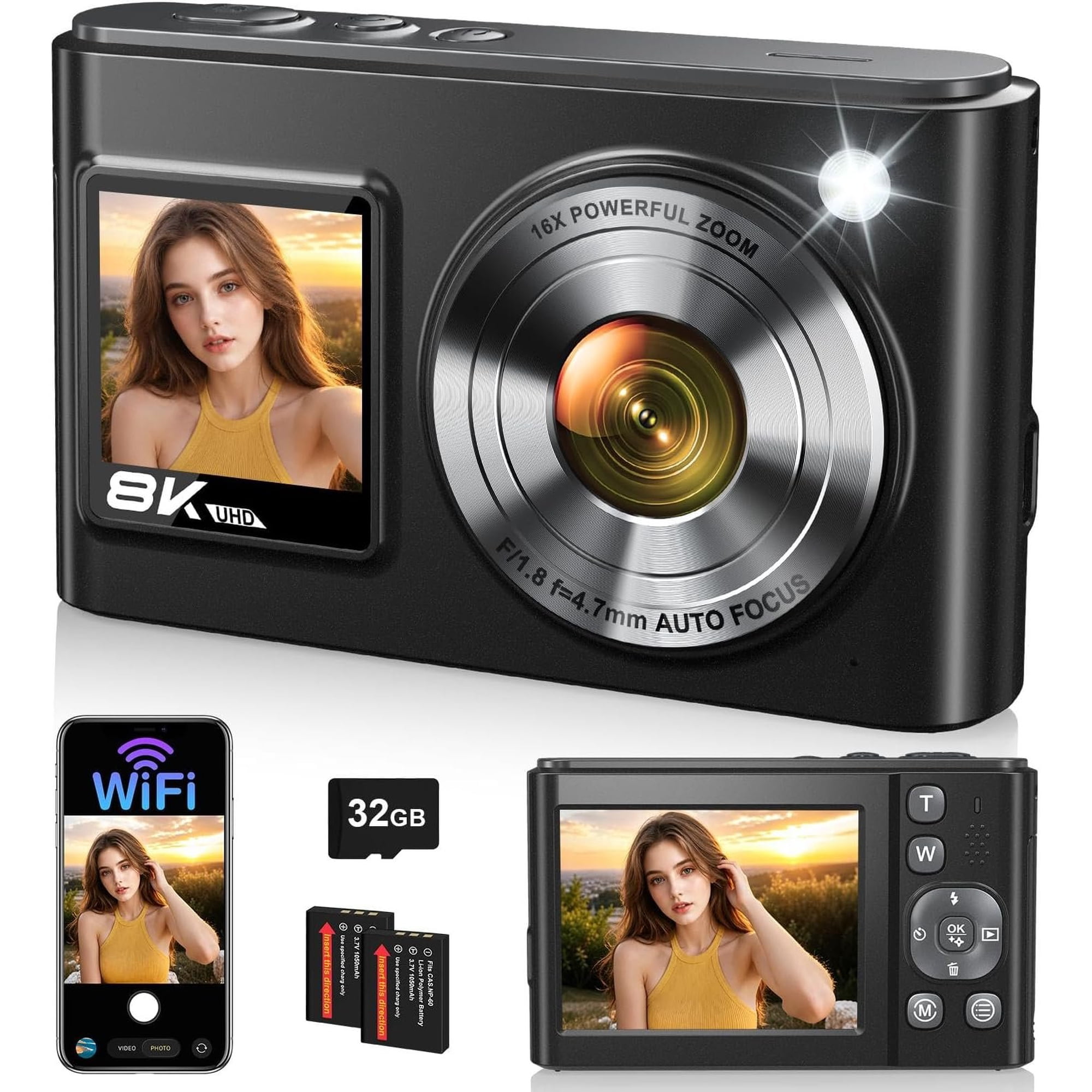 8K Digital Camera, 96MP WiFi Cameras for Photography with Screen, 16X Zoom, Autofocus, Anti-Shake, Compact Travel Vlogging Point Shoot Camera for Teens, Beginners, 2 , 32GB Card (Black)