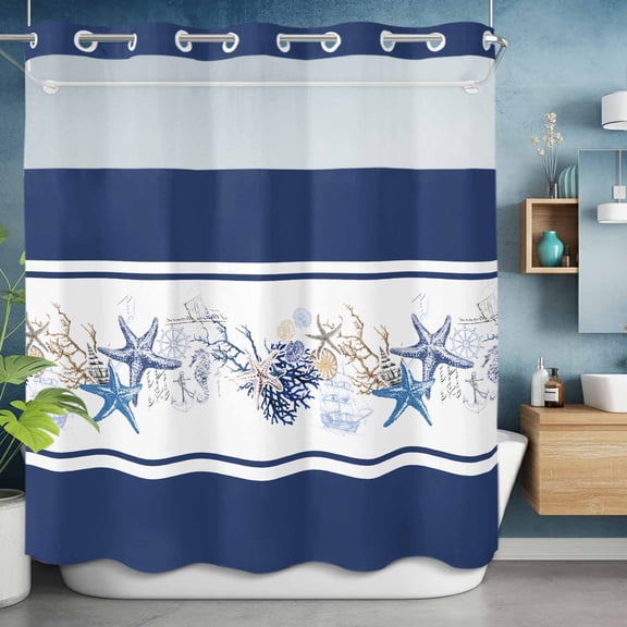 No Hooks Shower Curtain, Marine Starfish Coral Sailboat Shower Curtains Waterproof Bathroom Curtain with See Through Top Window,Hotel Style,72x72in Nautical Anchor Seahorse Shell