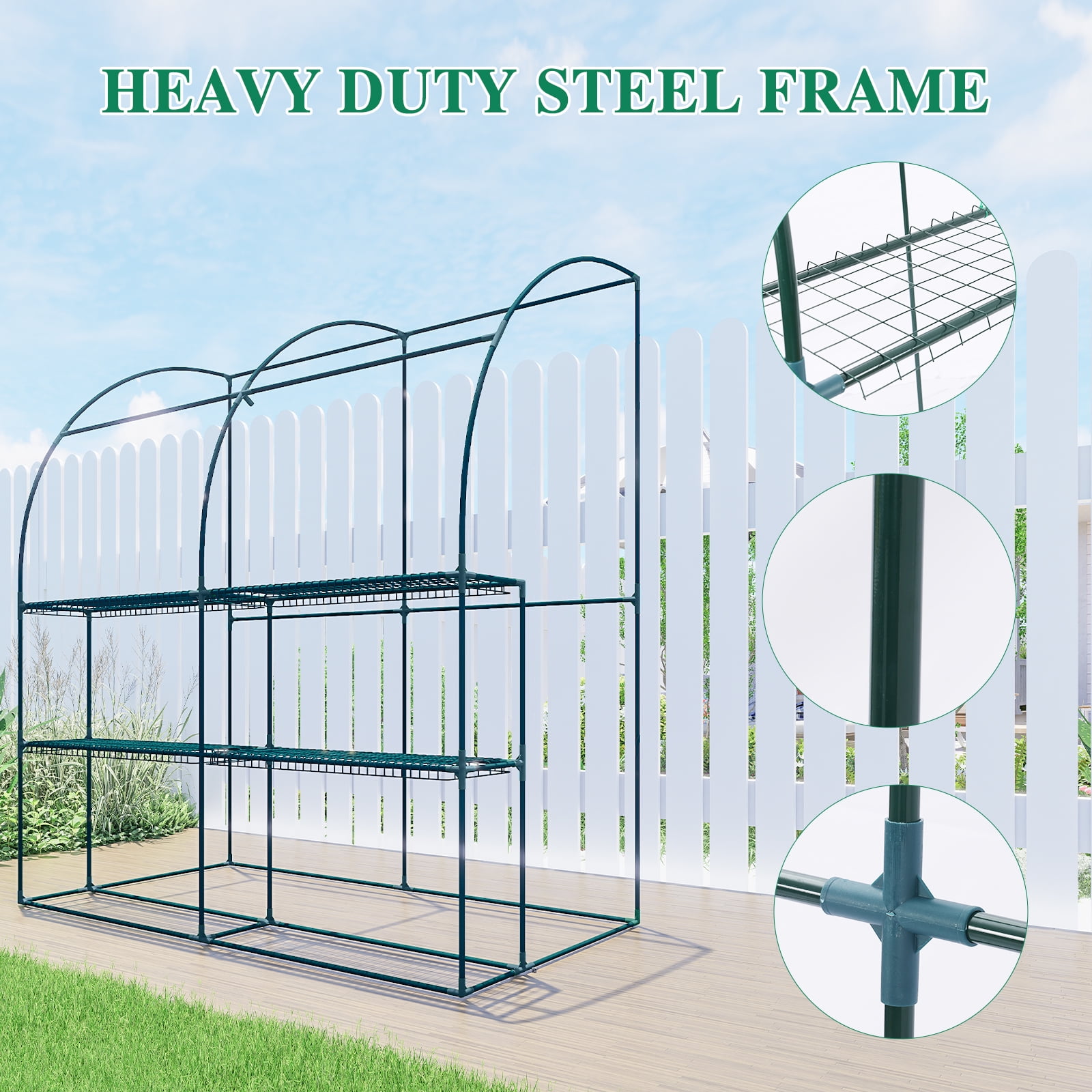 BPS 7x3x7 FT Lean to Greenhouse with Shelves, Large Walk-in Greenhouse with Waterproof PE Cover for Garden, Backyard, White