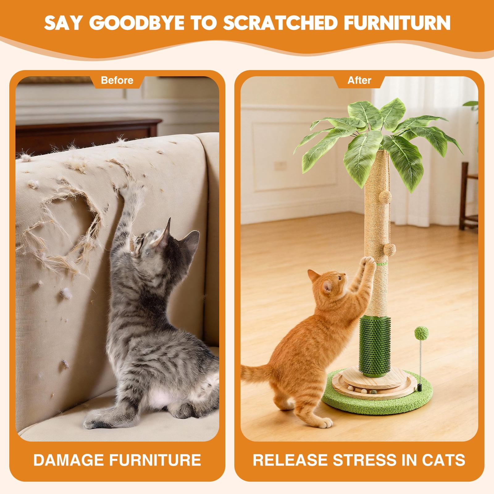 40'' Tall Cat Scratcher with Sisal Rope,Cat Scratching Posts for Indoor Cats with Interactive Ball,Self Groomer with Hanging Ball for for Kittens Adults Cats