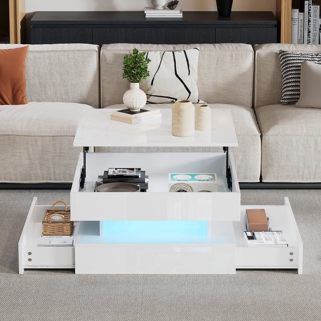 Noble House Lift-Top Coffee Table with LED Light & 2 Drawers,White