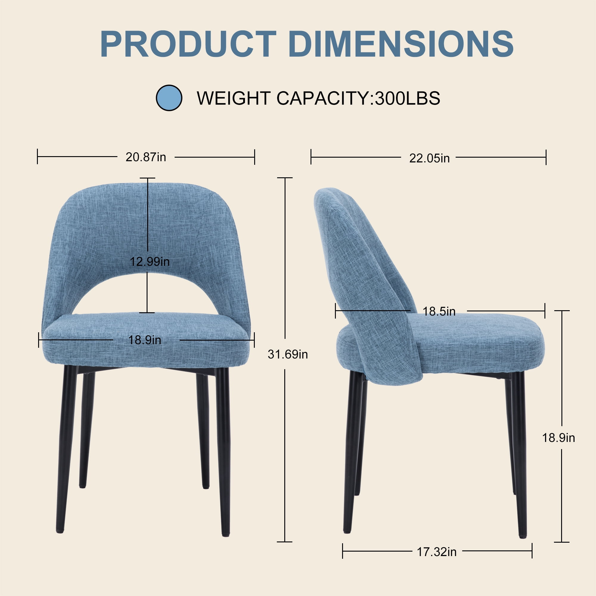 ENYLAY Modern Farmhouse Fabric Upholstered Dining Chairs Set of 6 with Metal Legs & Padded Seat , Blue