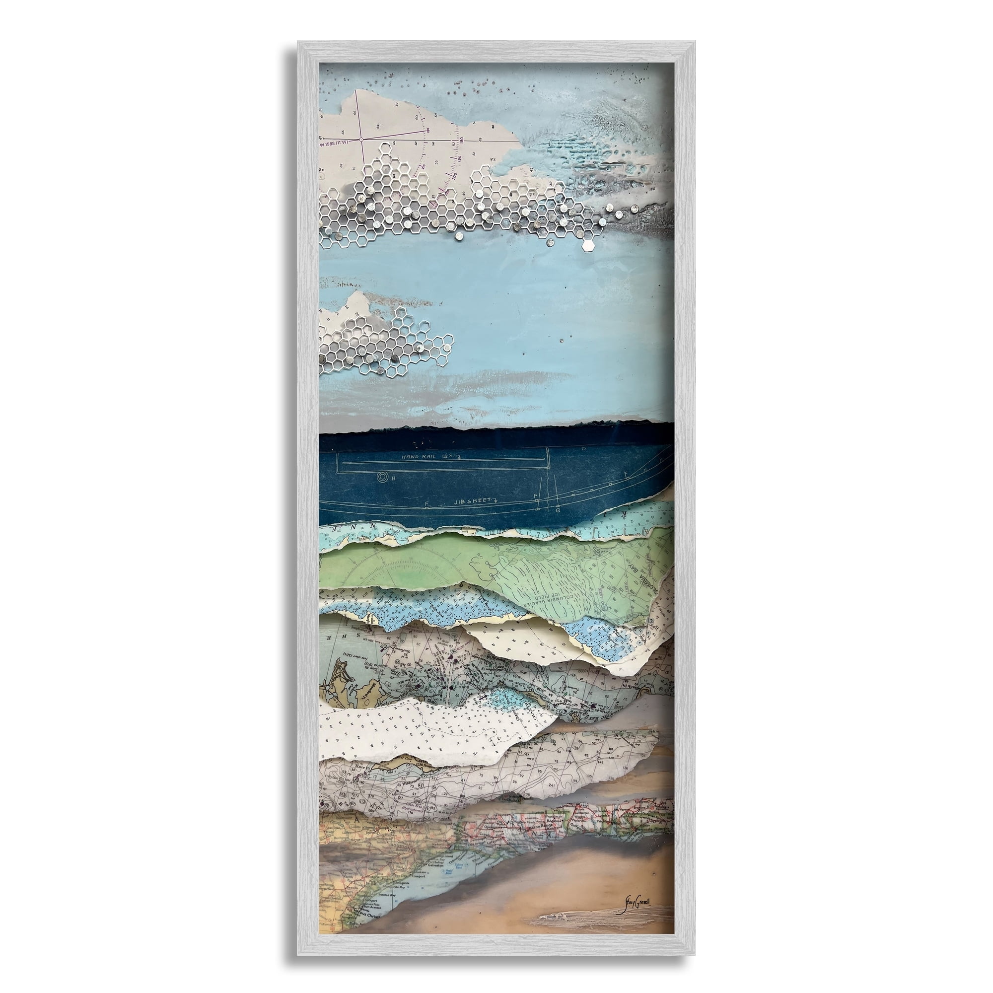 Stupell Industries Cloudy Beach Shore Landscape Layered Ephemera Collage Painting Gray Framed Art Print Wall Art, Design by Stacy Gresell