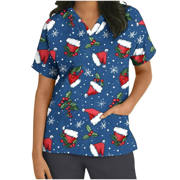 Xfvqtps Christmas Scrub Tops for Women Soft V-Neck Scrubs Comfortable Nursing Uniforms Christmas Printed Short Sleeve Top Protective Clothing Working Uniforms with Pockets Blue