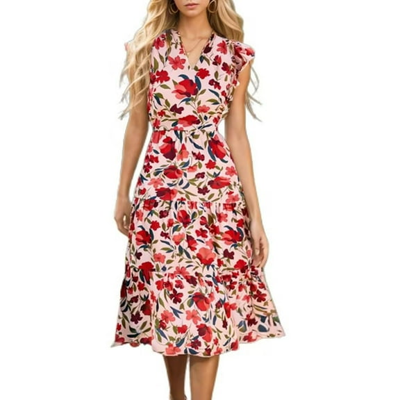 ITSAME Women's Midi Dress, Floral Prints V Neck Ruffles Sleeve Flowy Tiered Smocked Beach Dresses Red M