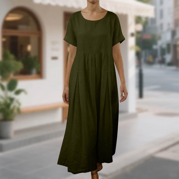 Cotton Linen Dress for Women Crew Neck Short Sleeved Dress Trendy Casual Flowy Long Dresses Army Green M
