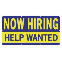 Now Hiring Help Wanted 13 oz Heavy Duty Vinyl Banner All Position Jobs Available Help Wanted Sign for Business Advertising Indoor/Outdoor Single-Sided with Metal Grommets (4x8 ft, Bl & Ye)