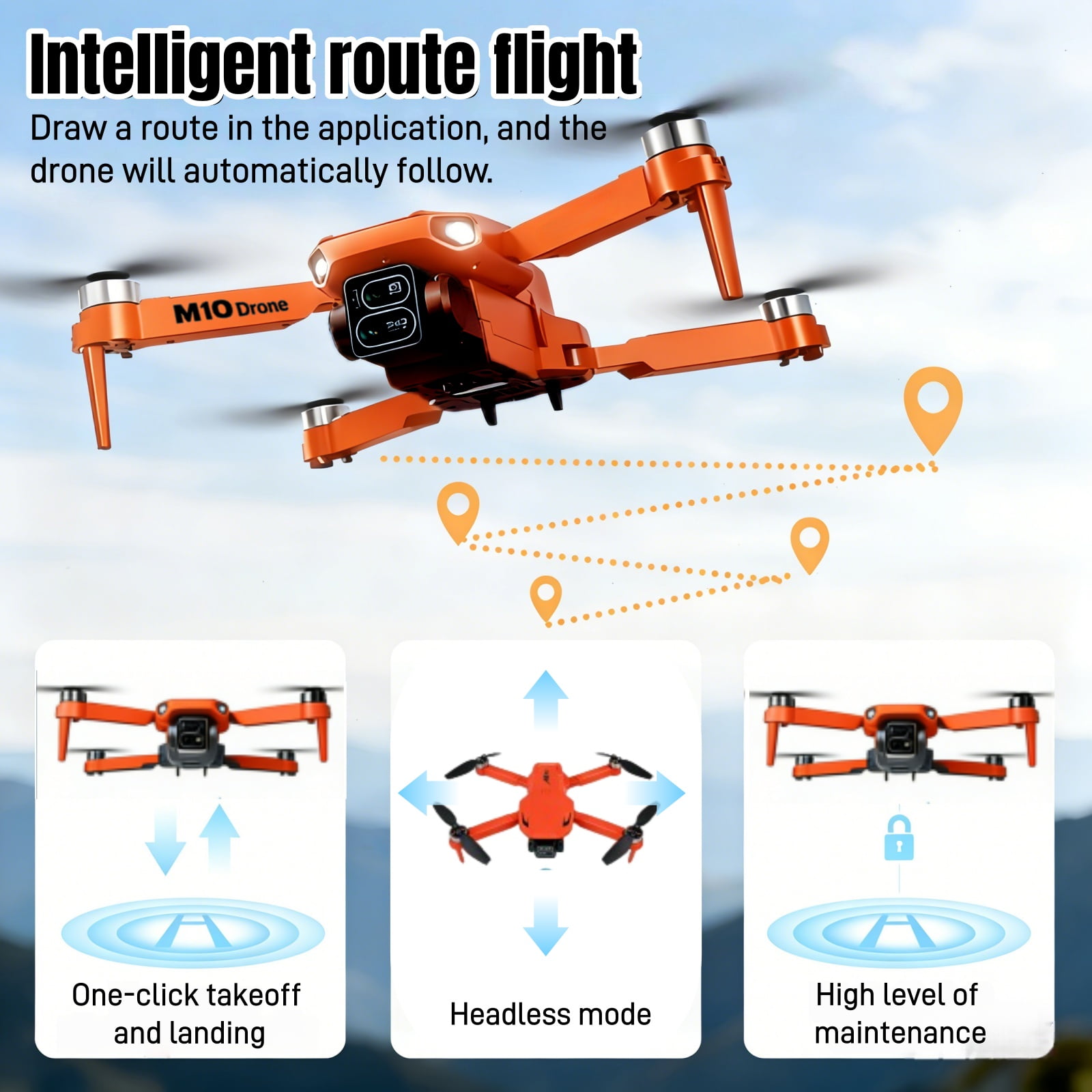 Foldable Dual-Camera Drone with Brushless Motor, Optical Flow Positioning, 4K HD FPV, Long Flight Time with 2 Batteries, Remote Control – Orange.