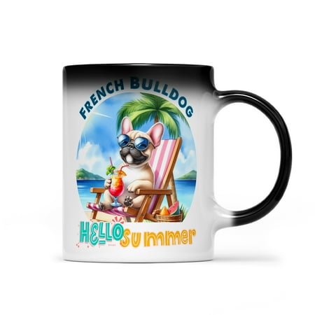 French Bulldog Hello Summer Beach Theme with Sunglasses and Tropical Cocktail Heat Color Changing Mug Dog Lover Gifts Magic Coffee Mug - 00009