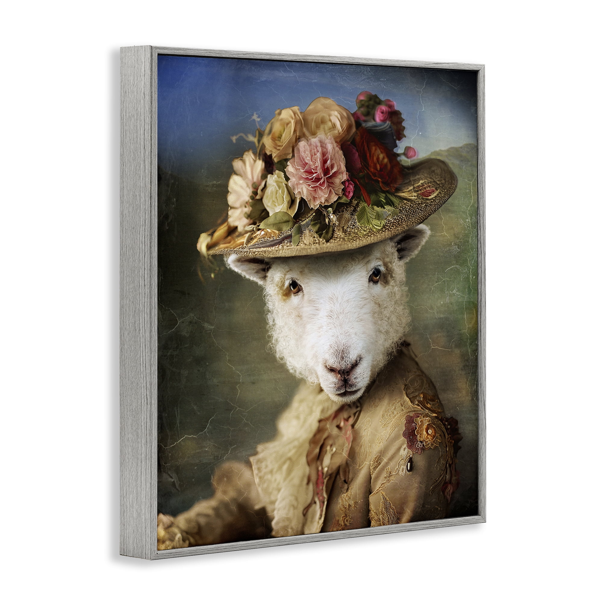 Stupell Industries Lamb with Floral Hat Animals & Insects Painting Gray Framed Art Print Wall Art, 16 x 20