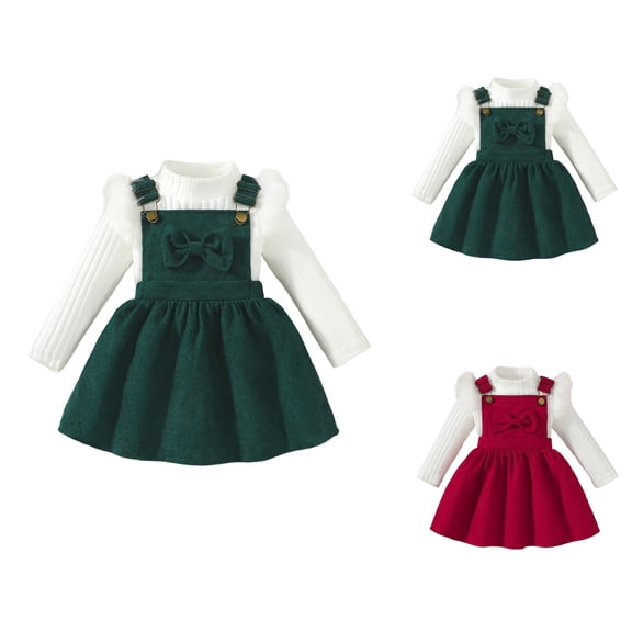 Winter Girls 2 Piece Outfit, Long Sleeve Ribbed Strap Top with Bow Tie Dress, Toddler Baby Girl Holiday Party Wear Suspender Skirt Set Fall Winter Clothes