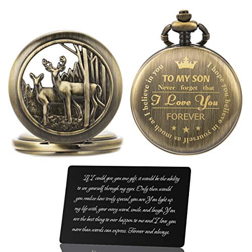 yeaho Pocket Watches, Pocket Watch to Son, Personalized Reindeer Pocket Watches for Men, Gifts for Son from Mom Dad-Engraved Pocket Watches for Son Wedding Birthday Anniversary