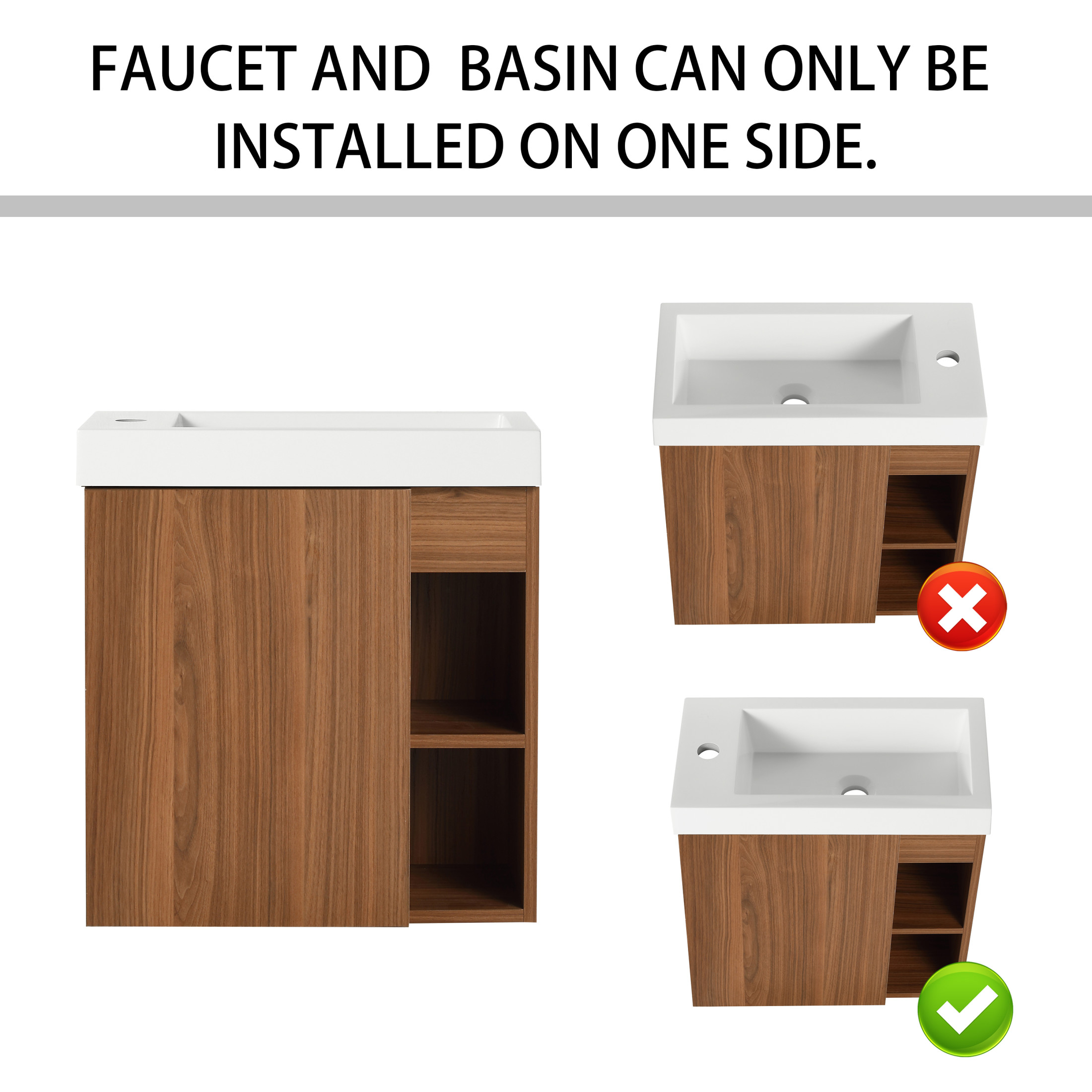 Noble House 20" Floating Bathroom Vanity, White Resin Sink, Soft-Close Door, Open Shelves, Wall-Mounted, Walnut