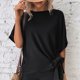 thumbnail image 4 of Mujer Verano Top Dobladillo Anudado Espalda Plisada Línea Media Ojo De Cerradura Espalda Media Manga Cuello Redondo Camisa De Verano Top Negro S, 4 of 8