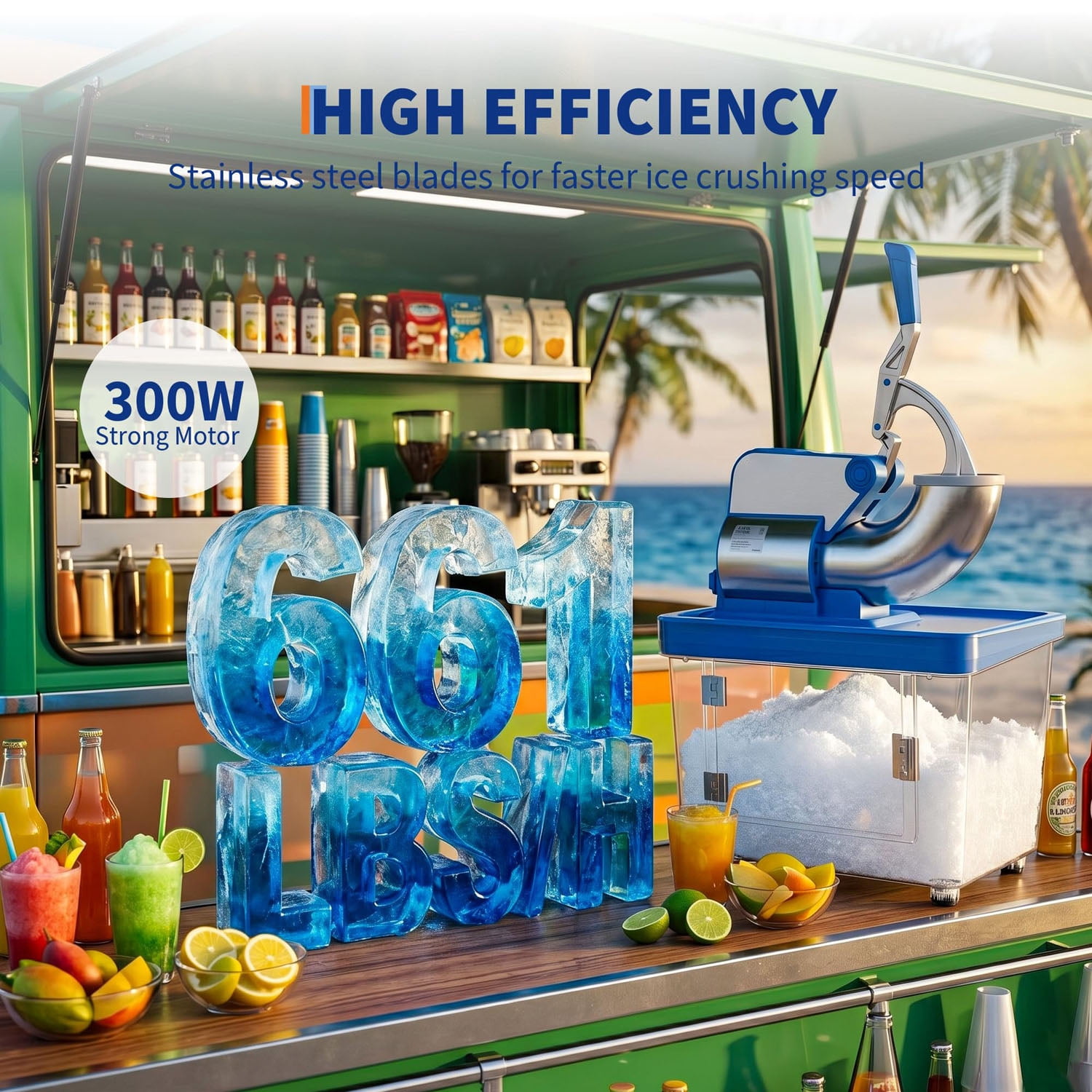 Gaderth Commercial Ice Crusher Machine with 4 Blades, 350W Stainless Steel Snow Cone Machine, 2000RPM 750LBS/H Ice Shaver with 2LBS Hopper Capacity for Home Use, Bars, Cafes, Parties
