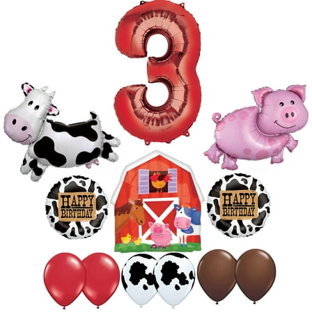 Barn Farm Animals 3rd Birthday Party Supplies Cow, Pig, Barn Balloon Decorations