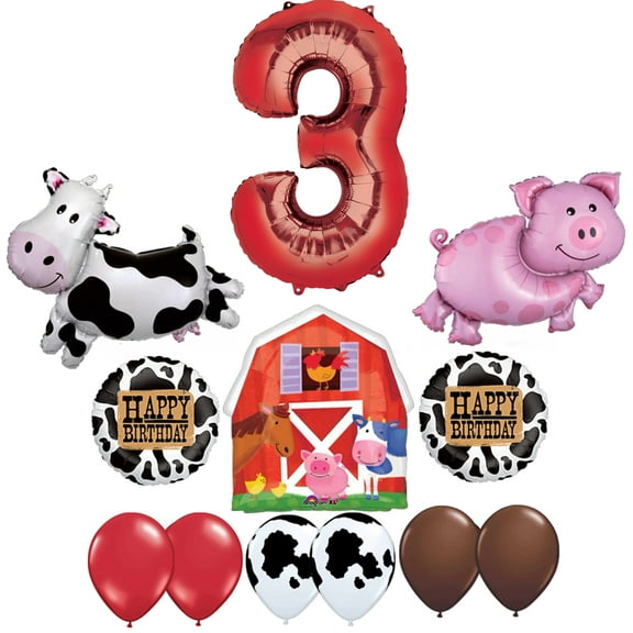Barn Farm Animals 3rd Birthday Party Supplies Cow, Pig, Barn Balloon Decorations