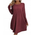 thumbnail image 2 of ClodeEU Dresses for Women，Fashion Solid Color Round Neck Dress， Pleated Long Sleeved Mid Length Dress Wine,Womens Plus L, 2 of 6