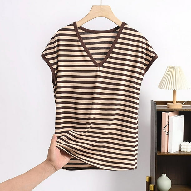 Pijama de manga corta para mujer, informal, holgado, a rayas, con cuello en V, de verano, fino, de poliéster