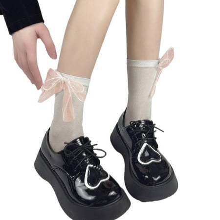 

Women Glitter Metallic Shimmer Mesh Ankle Socks Japanese Style Sweet Detachable Polka Dot Plaid Bowknot Thin Hosiery