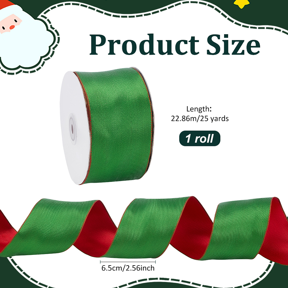 Christmas Polyester Ribbon with Iron Wire Edge for Garment Accessories Gift Decoration Green 2-1/2 inch(65mm) about 25.00 Yards(22.86m)/Roll