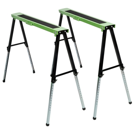 2-Pack Adjustable Folding Saw Horses, Portable Work Stand with 12 Height Settings, 6600 lb Capacity per Pair, for Garage and Workshop, Green and Black