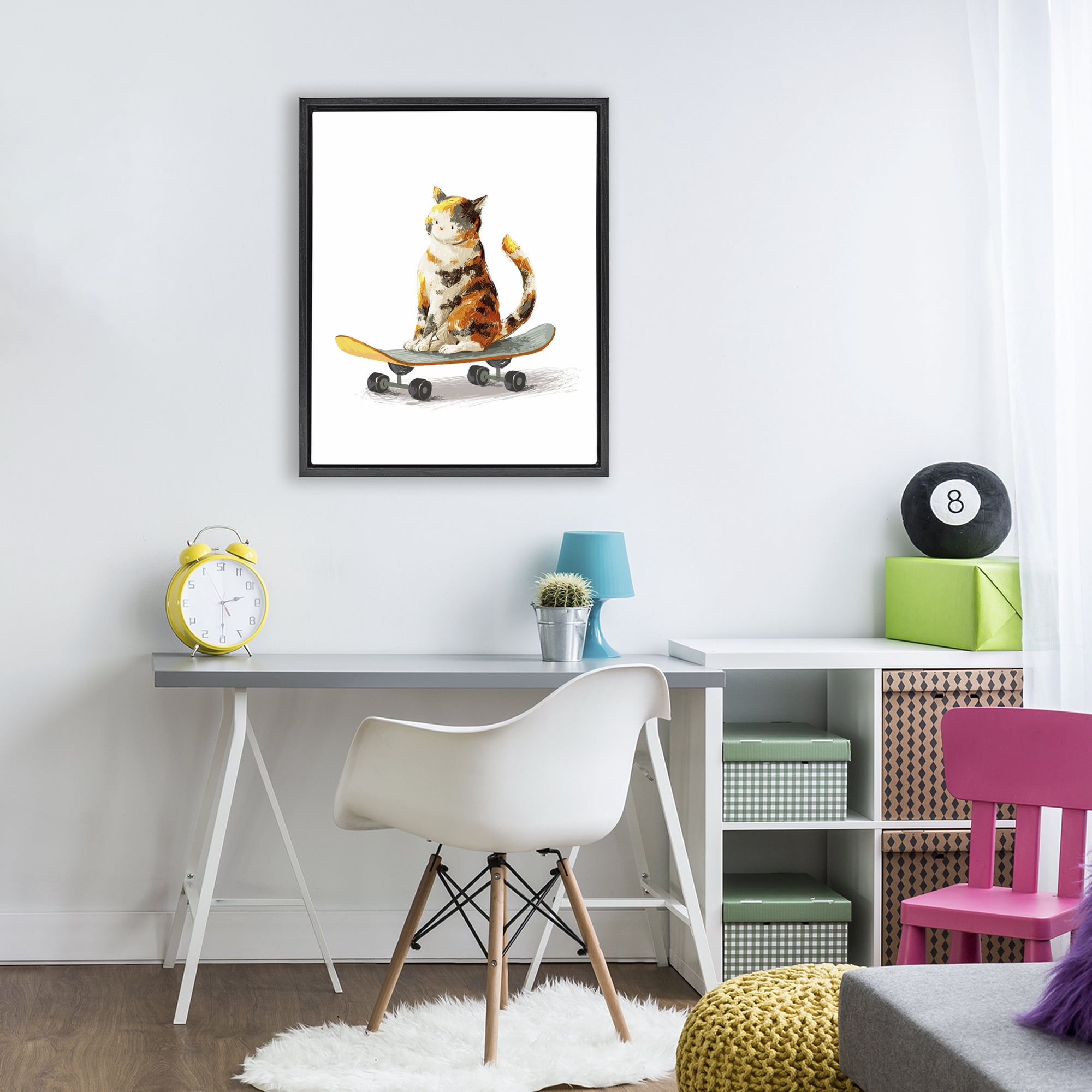 Stupell Industries Calico Cat on a Skateboard Black Framed Floater Canvas Wall Art, design by Ziwei Li