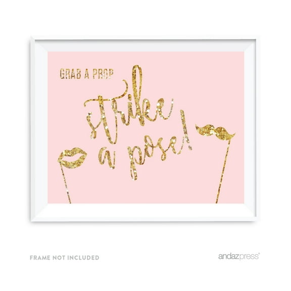 Grab A Prop & Strike A Pose Blush Pink Gold Glitter Print Wedding Party Signs