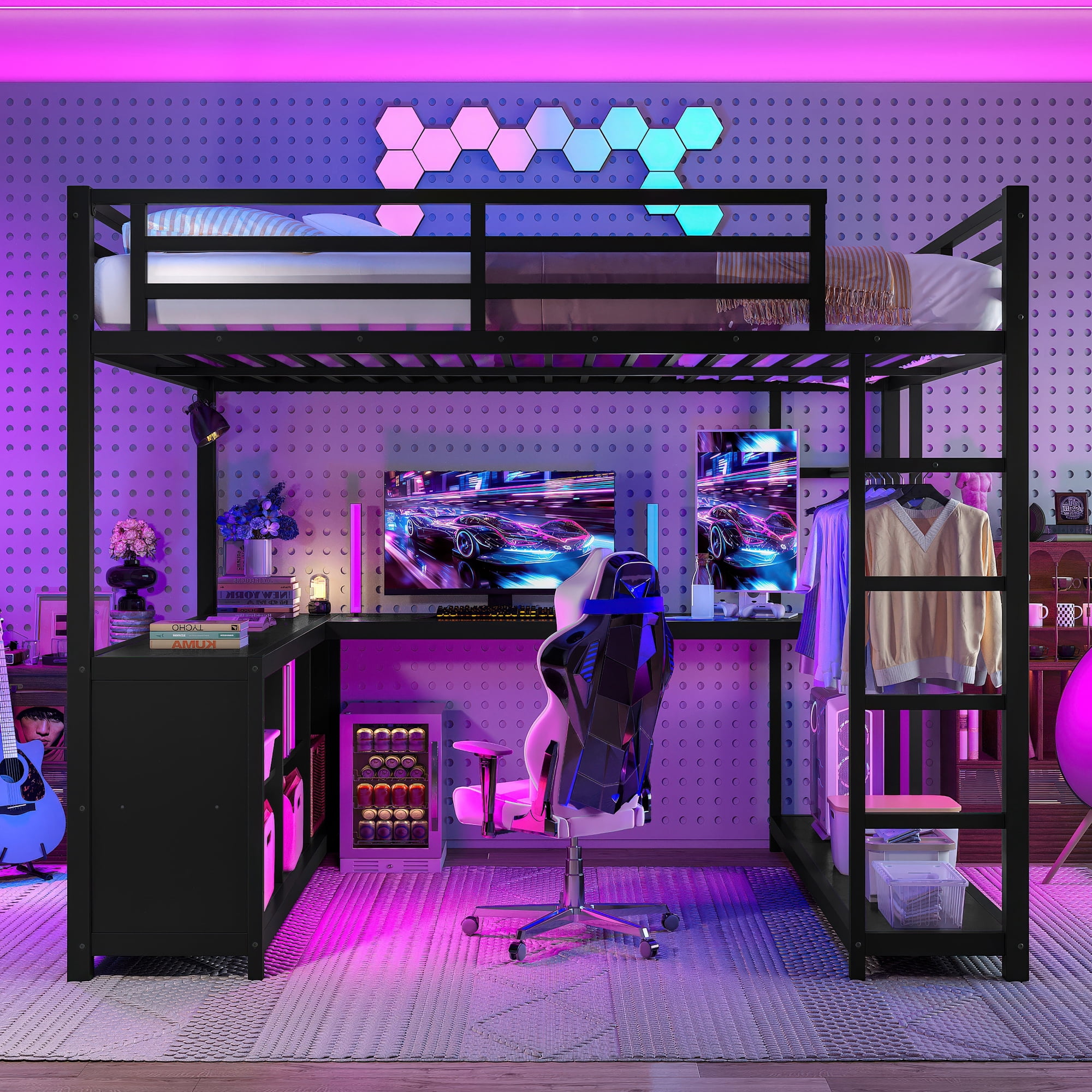 Aukfa Queen Metal Loft Bed with L-Shaped Desk, Clothes Rail, Storage Shelves & Cubes, Heavy-Duty Bed Frame for Kids, Teens & Adults, Black
