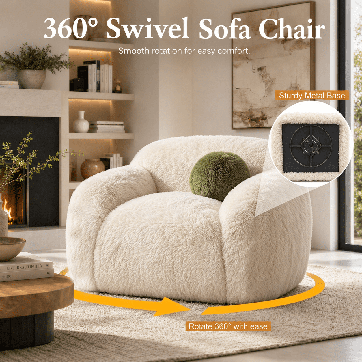 Aenkyo Oversized 360 Degree Swivel Accent Chair, Plush Faux Fur Barrel Sofa Chair, 25" Deep Seat, Sand