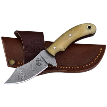 Knives Ranch Handmade EDC Fixed Blade Hunting Knife - Forged Damascus Steel - Cattle Bone Handle - Horizontal Carry Sheath - Outdoor Cowboy Knife (2085-B)