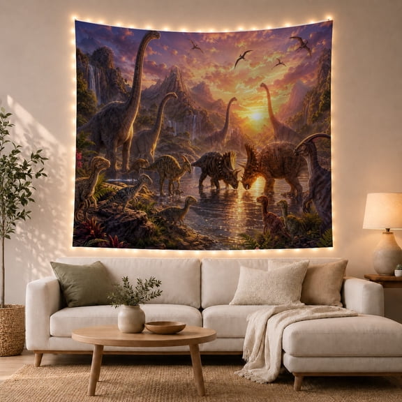 Dinosaurs Around a Watering Hole at Sunset, Majestic Illustration for Dinosaur Lovers, Prehistoric Wall Art, Birthday Gift, Tapestry Wall Hanging for Playroom and Dorm