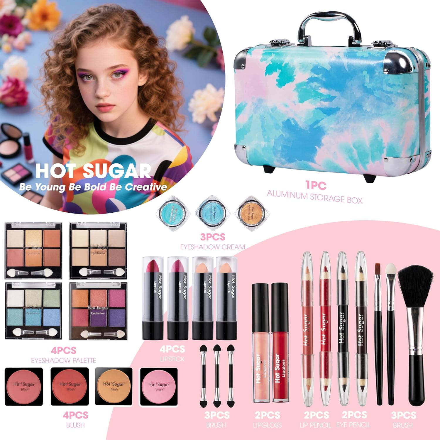 Hot Sugar Makeup Kit for Girls 10-12, Basic Cosmetic Set for Women - Perfect Gift to Begin The Makeup Journey (Blue Tie-Dye)