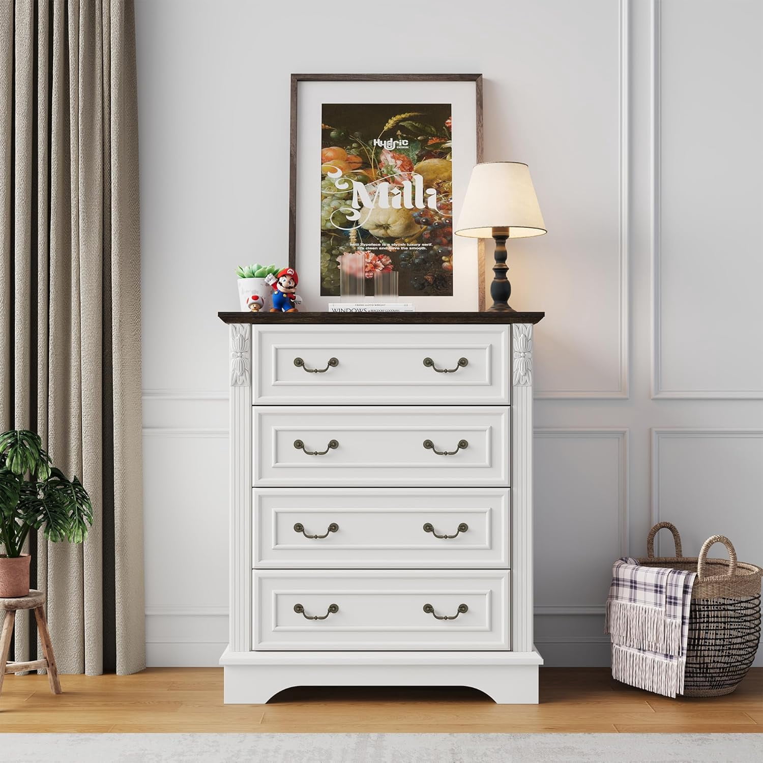 BOSHIRO 4-Drawer Dresser for Bedroom, Farmhouse Carved Storage Chest Organizer with Brown Top, Antique White Finish