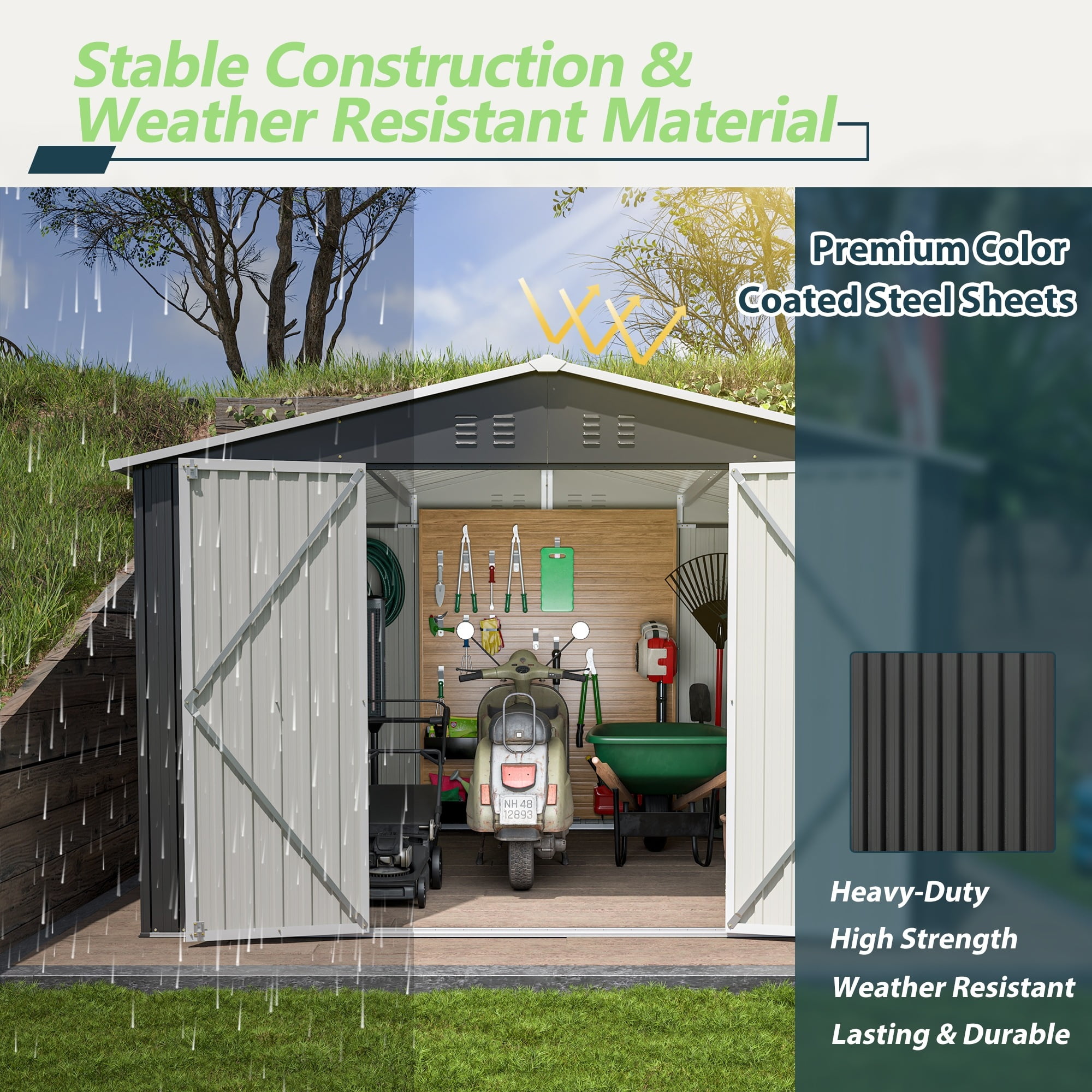10 x 10 FT Outdoor Storage Shed, Metal Garden Shed with Lockable Doors and Updated Frame Structure, Tool Sheds for Backyard Garden Patio Lawn Black
