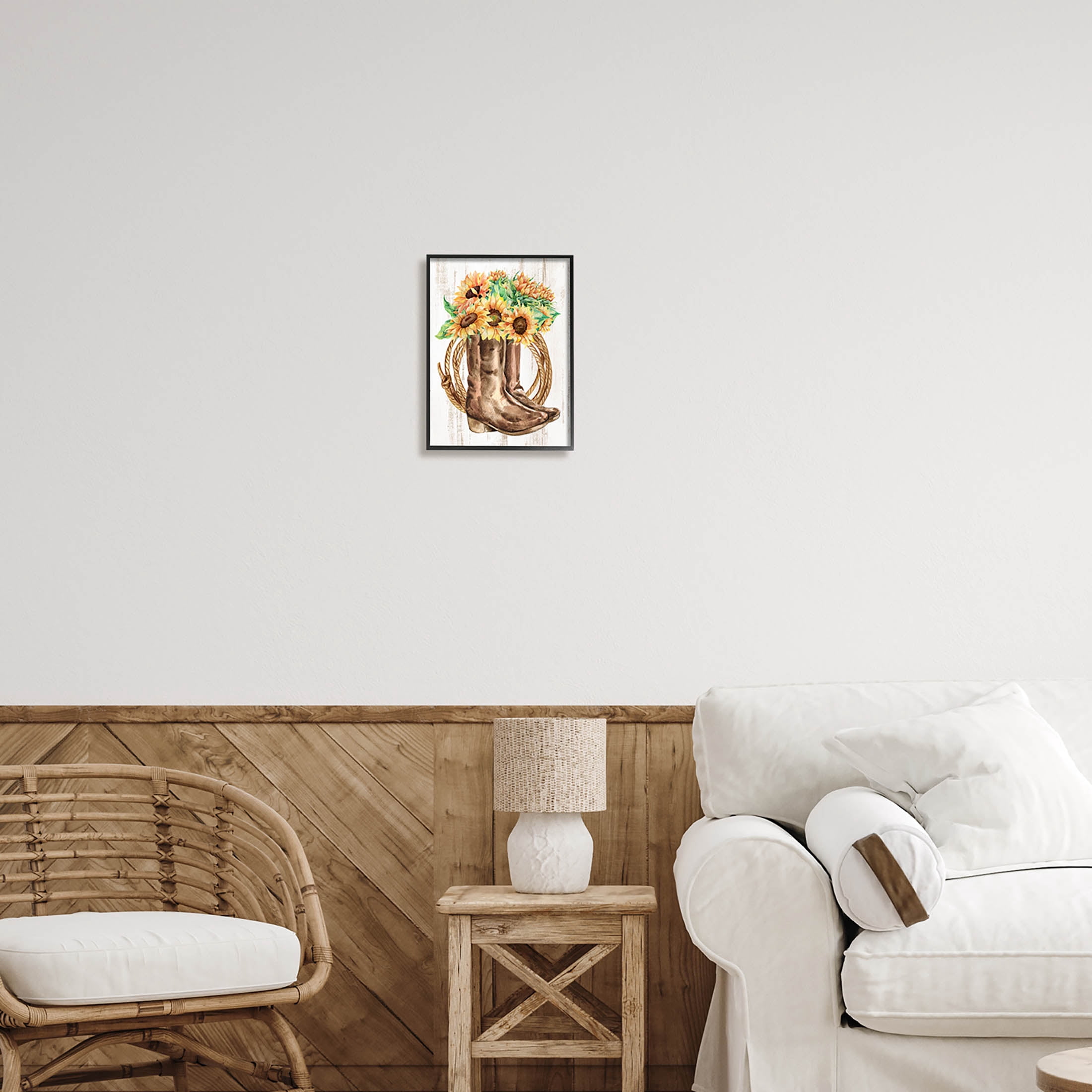 Southern Sunflower Bouquet Boots Botanical & Floral Graphic Art Black Framed Art Print Wall Art