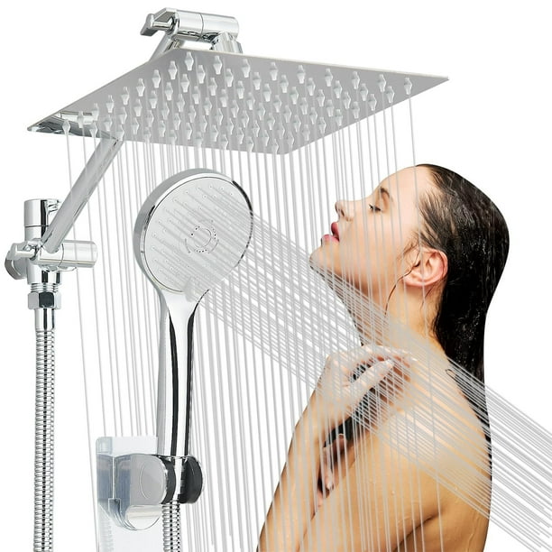 Regaderas para Baño de Lluvia de Alta Presión de 8 "/ ducha de 5 Modos Rociado mano, con brazo de extensión de 11 '', cabezal de ducha ajustable con soporte, manguera de 1,5 m (Cromo)